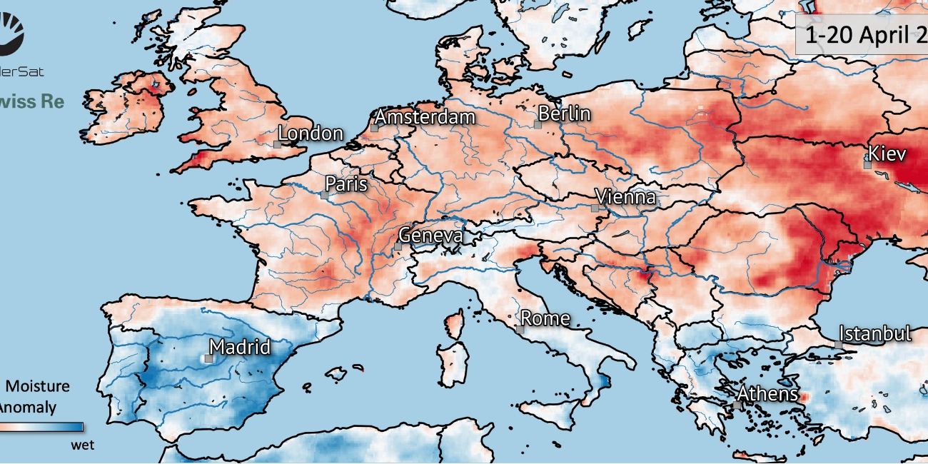 The Soil Moisture Map from April 2020 shows significant droughts in several European regions